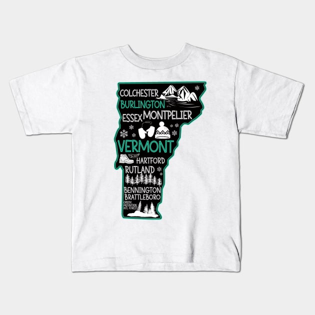 Vermont Burlington cute map Essex Rutland Bennington Brattleboro Colchester Hartford Kids T-Shirt by BoogieCreates